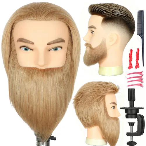 Miniatura 7 de Cabeza de maniquí masculino con barba, 100% cabello humano real, corte de pelo, cabeza de entrenamiento para cosmetología, cabello liso y grueso