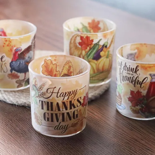 Miniatura 4 de Portavelas de Acción de Gracias, 4 unidades, portavelas votivas de cristal SHMILMH para decoración de mesa de otoño, chimenea, mantel Día de Acción