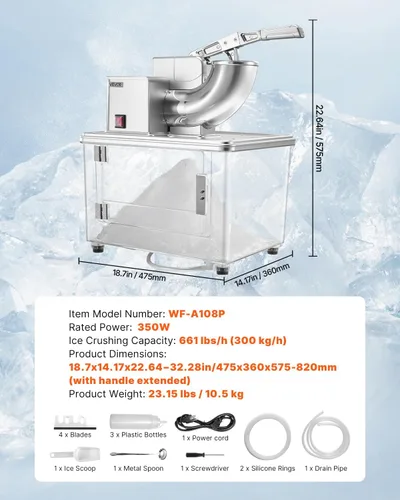Miniatura 7 de VEVOR Trituradora de hielo comercial 661LBS/H, máquina eléctrica de cono de nieve de 350 W con 4 cuchillas, máquina de hielo afeitado de acero