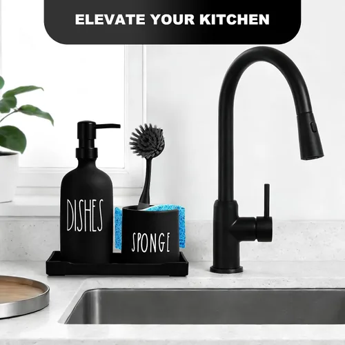 Miniatura 7 de Dispensador de jabón para platos para cocina, dispensador de jabón de platos de vidrio con soporte para esponja, juego de dispensador negro
