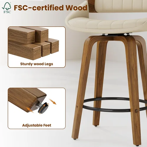 Miniatura 5 de Juego de taburetes de bar de 1, taburetes de bar giratorios de 26" de altura de mostrador con respaldo y patas de madera curvada de nogal, sillas