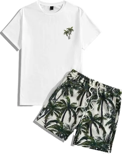 Miniatura 72 de GORGLITTER Conjunto de 2 piezas de camiseta gráfica de manga corta para hombre, estampado hawaiano con cordón y pantalones cortos