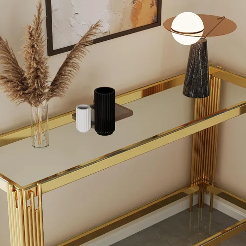 Miniatura 230 de Mesa de centro de cristal de lujo, mesa de centro de sofá de 47 pulgadas con marco de acero inoxidable dorado y parte superior de vidrio negro, mesa