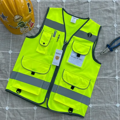 Miniatura 5 de TCCFCCT Hi Vis Chaleco de seguridad reflectante de alta visibilidad con 9 bolsillos para hombres y mujeres, chaleco de construcción con tiras