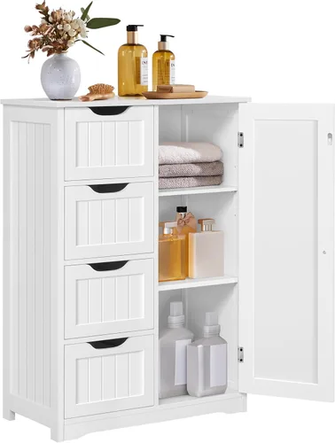 Miniatura 16 de Yaheetech Armario organizador de madera para el suelo del baño/lateral con 4 cajones y 1 armario, unidad de almacenamiento de entrada independiente