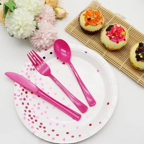 Miniatura 4 de 150 piezas de cubiertos de plástico rosa intenso y utensilios de plástico rosa intenso resistentes - 50 tenedores, 50 cuchillos, 50 cucharas