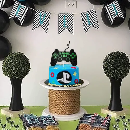 Miniatura 6 de Game On Big Cake Topper – Controlador de videojuegos dorado negro y verde para decoración de pasteles para niños y niños, suministros de fiesta