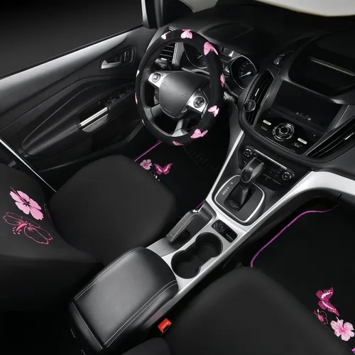 Miniatura 3 de CAR PASS Juego de fundas universales para asiento delantero de automóvil, diseño de flores bordadas, impermeables, fundas para volante, mariposa