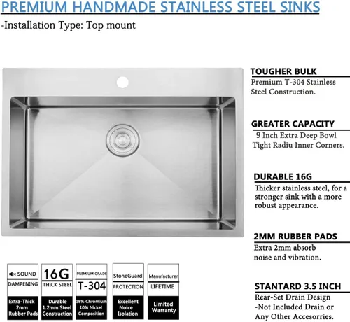 Miniatura 2 de SHACO Fregadero de cocina de 28 pulgadas, fregadero de montaje superior de acero inoxidable T304 de 16 calibre hecho a mano comercial, fregadero