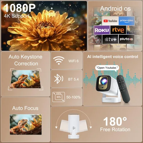 Miniatura 2 de [Enfoque automático y Keystone / 1080P nativo] Mini proyector con Wifi y Bluetooth 5.4, proyector portátil para películas al aire libre/dormitorio