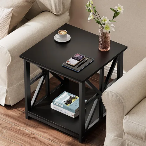 Miniatura 2 de GreenForest - Mesa de noche con estante de almacenamiento de 2 niveles, mesa auxiliar grande de 61 cm para sala de estar, mesita moderna para Negro