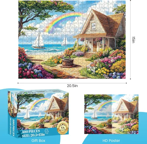 Miniatura 2 de Rompecabezas de 500 piezas para adultos, rompecabezas acogedor de cabaña de playa de 500 piezas, rompecabezas vibrante de cielo arcoíris, perfecto