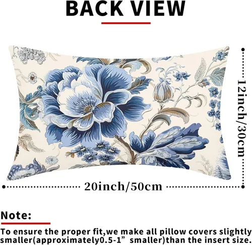 Miniatura 4 de Chinoiserie - Fundas de almohada de 20 x 12 pulgadas, fundas de almohada vintage de flores azules para primavera y verano, fundas de almohada