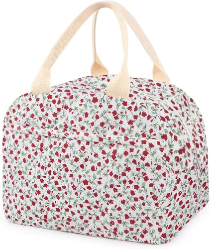 Miniatura 17 de Lonchera acolchada de algodón aislada, bonita bolsa acolchada con estampado floral, reutilizable, aislada, coqueta, de gran capacidad, hielera