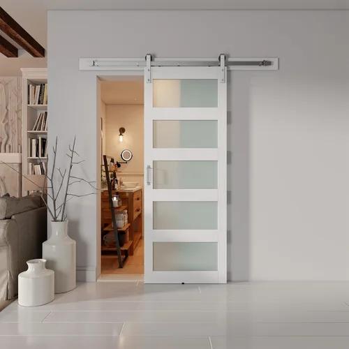 Miniatura 7 de puerta de granero de vidrio de 34" x 84" y kit de herraje de níquel cepillado de 6 pies incluido, losa de puerta de granero blanca de MDF con vidrio