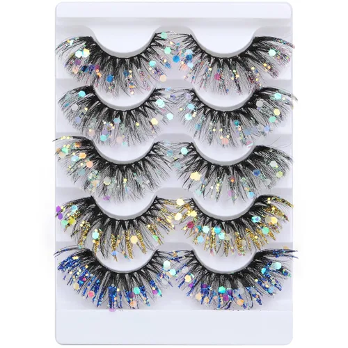 Miniatura 2 de Zegaine Pestañas postizas de colores con purpurina, 5 pares de pestañas dramáticas para festivales de ojo de gato, paquete de 5 estilos