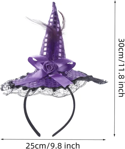 Miniatura 6 de Dzrige Sombrero de bruja de Halloween, diadema de plumas de bruja con ribete de encaje, accesorio para la cabeza para fiesta de Halloween, cosplay