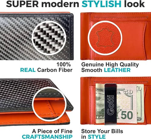 Miniatura 4 de Gotti Carteras para hombre, bloqueo RFID plegable, NegroGris, Naranja, Clip para dinero Sin compartimento para efectivo