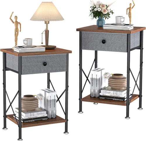 Miniatura 15 de VECELO Mesitas de noche modernas y versátiles, diseño X, mesa auxiliar de noche, estante de almacenamiento con cajón para sala de estar y Marrón