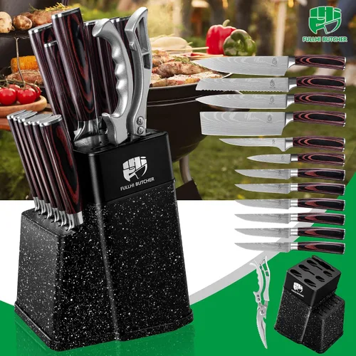Miniatura 8 de FULLHI Juego de 14 piezas de cuchillos con bloque, juego de cuchillos de chef y de carne con bloque y afilador, juego de cuchillos de cocina, mango