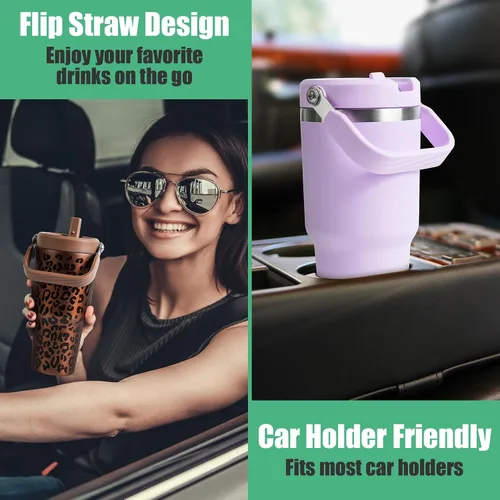 Miniatura 2 de Vaso de 30 onzas con tapa y pajita, vasos de acero inoxidable con aislamiento al vacío con pajita plegable y asa superior, botella de agua aislada