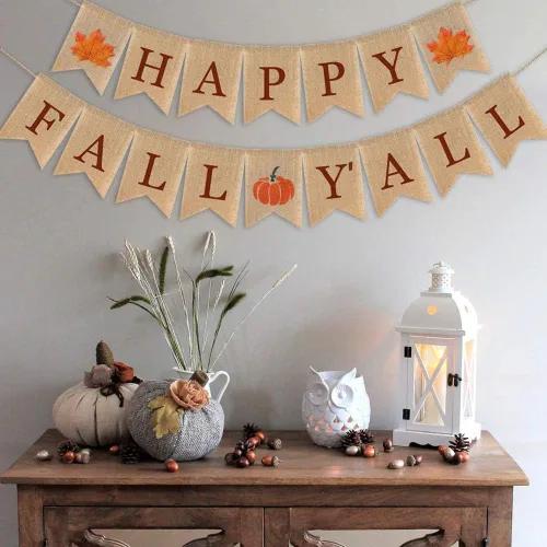 Miniatura 4 de Cartel de arpillera con texto en inglés «Happy Fall Yall» para mantel de Acción de Gracias, decoración de otoño, rústico, granja, cosecha, fiesta