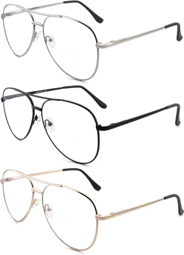 Paquete de 3 Gafas de Lectura Bifocales para Mujeres y Hombres, Gafas Lectoras Bifocales de Aviador, Lentes de Doble Foco +2.0 3 pares: oro + plata