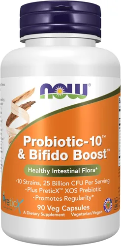 NOW Foods Suplementos, Probiotic-10™ y Bifido Boost™ con 10 cepas, 25 mil millones de UFC por porción, más PreticX™ XOS Prebiótico, 90 cápsulas