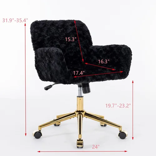 Miniatura 2 de Silla de escritorio de oficina peluda, piel sintética, tapizada, silla de tocador de maquillaje, silla giratoria de altura ajustable, color negro