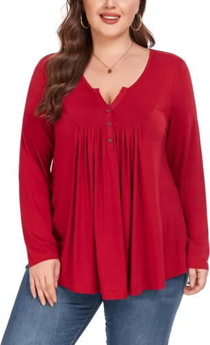 Miniatura 2 de Camiseta básica para mujer, talla grande, cuello Henley, con botones, ajuste holgado, estilo casual