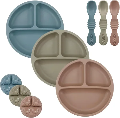 Miniatura 8 de PandaEar Paquete de 3 Platos para Niños Pequeños con 3 Cucharas, Plato de Succión Dividido 100% Silicona para Bebés, Sin BPA, Apto para Lavavajillas
