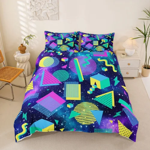 Miniatura 39 de Juego de funda de edredón retro de los años 80 y 90 para hombres y niños, tamaño matrimonial, con formas geométricas redondas triangulares, funda