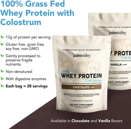 Miniatura 3 de Paleovalley Proteína de suero en polvo 100% alimentada con pasto con calostro, 30 porciones, vainilla, 0.53 onzas de proteína, construcción