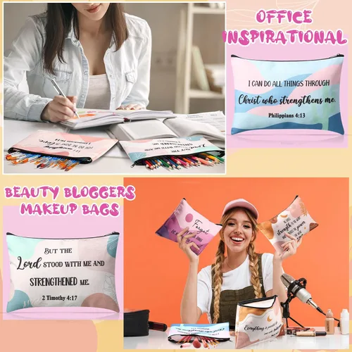 Miniatura 4 de Qeeenar - Bolsa de maquillaje religioso cristiano, bolsas de cosméticos, bolsa inspiradora de versículo bíblico para artículos de tocador, bolsa