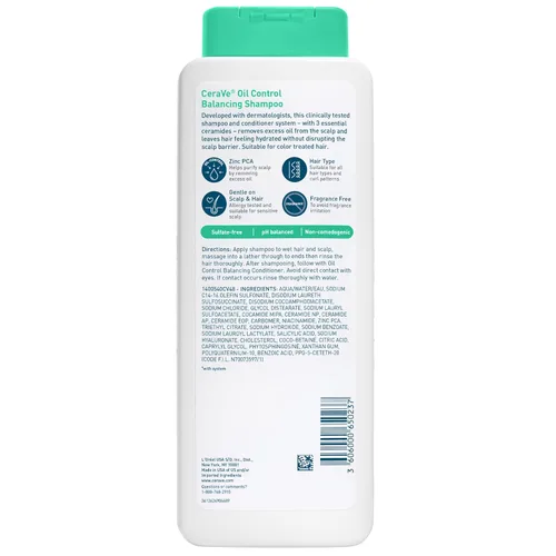 Miniatura 11 de CeraVe Champú equilibrante de control de aceite, champú aclarador con ceramidas y ácido hialurónico, elimina el aceite y deja el cabello hidratado