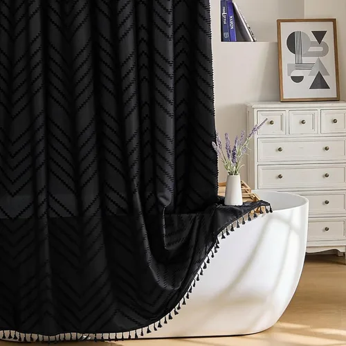 Siiluminisoy Cortina de ducha extralarga de tela tejida, de estilo bohemio, de rayas chevrón y capitoné, con borlas, color negro, de 72 x 84 A Black
