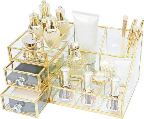 Miniatura 10 de JIARI Organizador de maquillaje de cristal con cajón, caja de exhibición de joyas con marco de latón dorado, almacenamiento de cosméticos