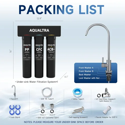 Miniatura 9 de AQUALTRA USF-3F-15 Sistema de filtro ligeramente alcalino para debajo del fregadero, 8K-40K Gal con grifo, reduce PFOA, PFOS, cloro, plomo