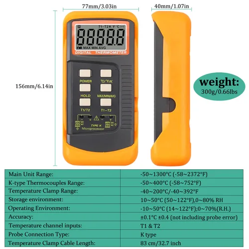Miniatura 7 de Termómetro de termopar tipo K Probador de termopar de canales dobles (-58 ~ 2372 °F) Medidor de escala Kelvin de temperatura de alta precisión
