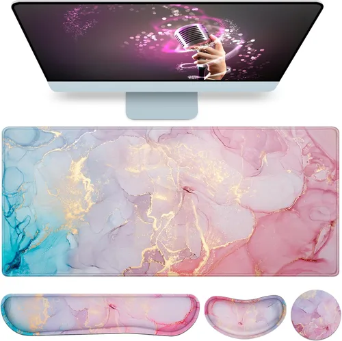 Miniatura 11 de Alfombrilla de ratón rosa, alfombrilla de mouse con soporte de muñeca, juego de 4 en 1: alfombrilla grande+soporte de muñeca para teclado+soporte