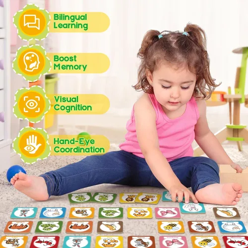 Miniatura 3 de Edulok Juego de tarjetas de memoria, juego de partidos para niños pequeños, aprender español para niños, tarjetas flash bilingües, juguetes
