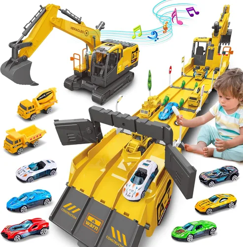 Dwi Dowellin Juguetes para niños de 3 años, juguetes de excavadora para niños con 6 autos de carreras de metal y 2 vehículos de ingeniería, vehículo