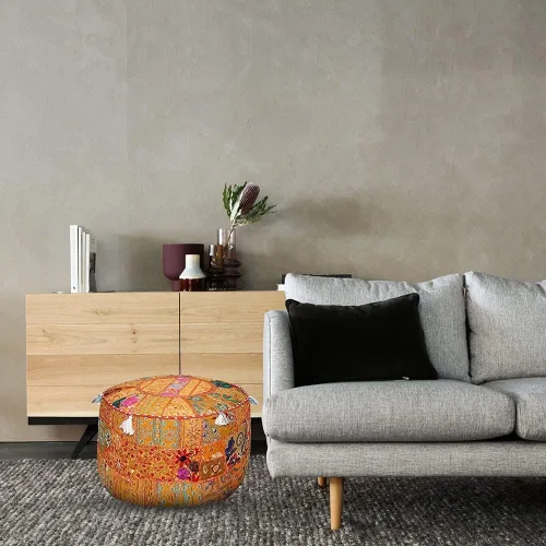 Miniatura 2 de Funda para puf con bordado étnico indio, algodón indio, redonda, para otomana, reposapiés, cojín – solo funda, decoración étnica artística