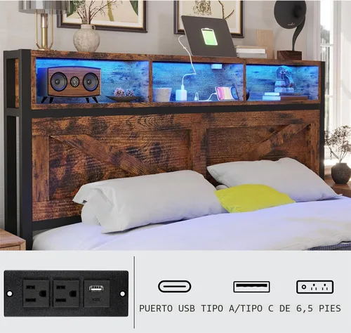 Miniatura 6 de Marco de cama matrimonial de estilo granja con cabecera de estantería y cajones de almacenamiento, luces LED y estación de carga, no necesita Marrón