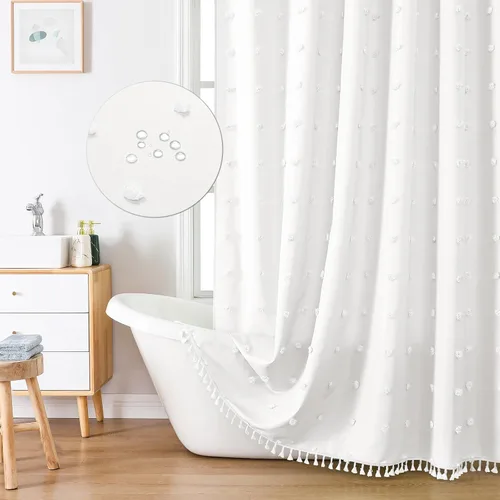 Miniatura 11 de LilyCat Cortina de Ducha de Tela Beige Estilo Boho Granja, 72x72 pulgadas Plisados Acolchados Florales Abullonados con Textura de Borlas, Cortina