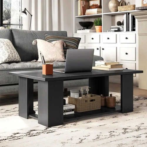 Miniatura 2 de Tangkula Mesa auxiliar de 2 niveles, moderna mesa de cóctel rectangular con 5 patas de soporte, muebles de sala de estar con acento de madera, mesa