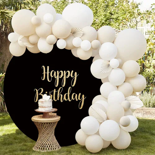 Miniatura 4 de Telón de fondo redondo de feliz cumpleaños negro de 5 x 5 pies, color negro sólido, palabras doradas, fondo de fotografía para adultos, hombres