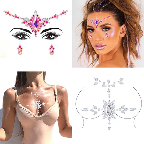 Miniatura 7 de Gemas de cara de sirena con diamantes de imitación, joyería para el cuerpo, tatuaje, calcomanías de cuerpo rosa, gemas de pecho para mujeres