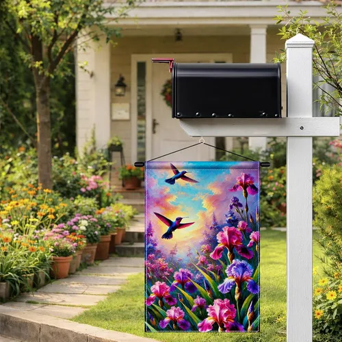 Miniatura 9 de BlissYard Bandera de jardín de primavera de 12 x 18 pulgadas, doble cara de colibrí, iris, pintura floral, patio, al aire libre, colorido