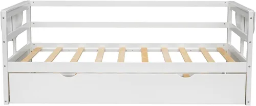 Miniatura 5 de Quarte Sofá cama multifuncional de tamaño individual con nido y estantes plegables en ambos lados, sofá cama con marco de madera y listones